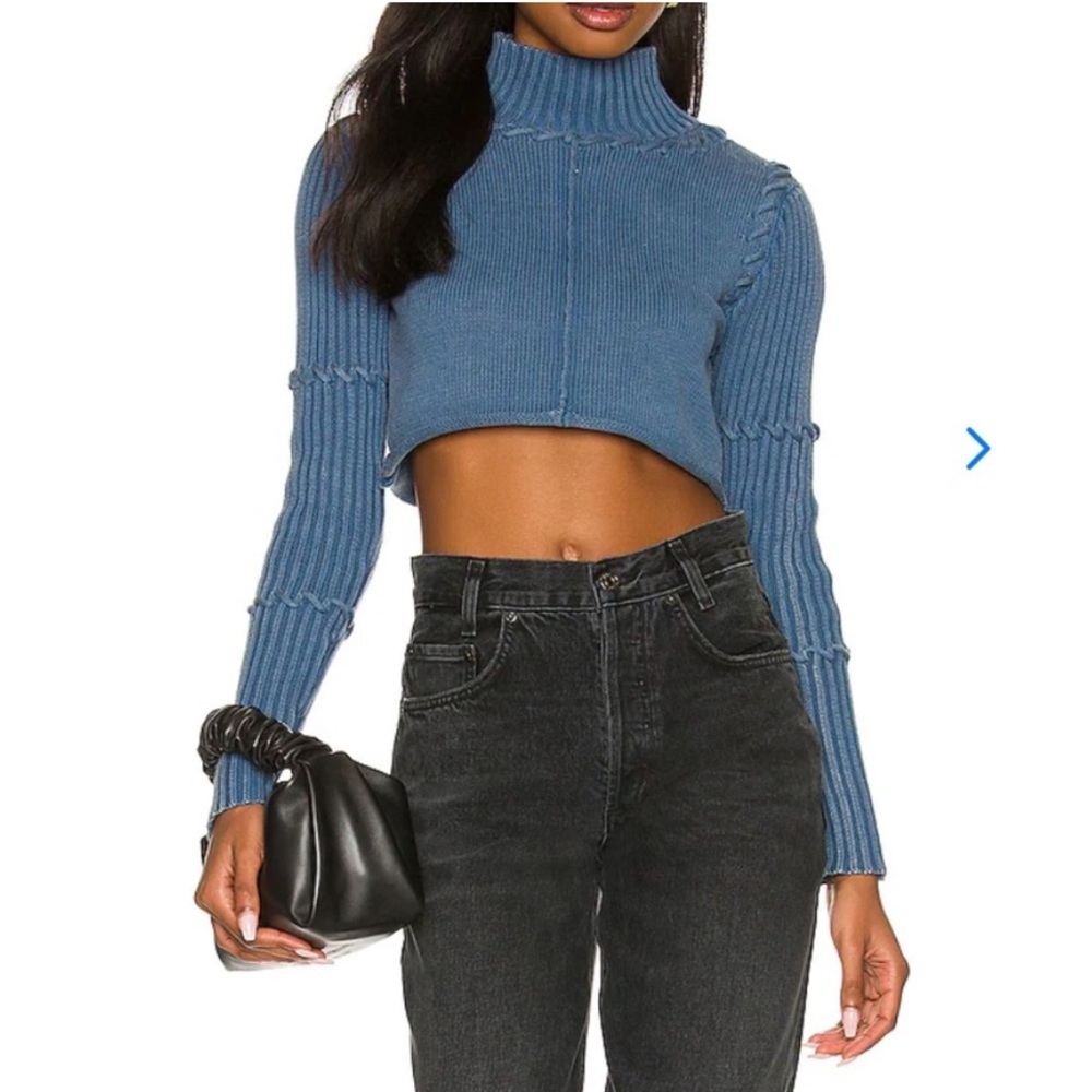Lovers + Friends Sayla Crop Turtleneck Sweater in Blue 100% Cotton Size M